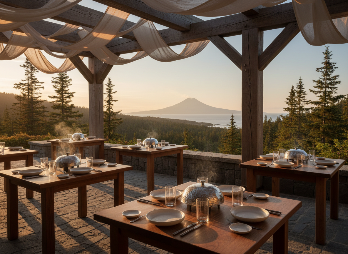 A refined dining terrace at The Halaska Lodge and Resort, set beneath a heavy timber pergola wrapped with soft, non-text banner-like fabric in neutral tones. Solid wood tables with smooth, oiled surfaces are set with simple ceramic plates and hammered metal cutlery. The terrace overlooks a sweeping view where rocky Alaskan coastline meets dense Pacific Northwest forest and a distant volcanic silhouette suggestive of Hawaii. Golden hour light streams in from the side, illuminating delicate steam rising from covered dishes and casting intricate shadows from the pergola beams. Photographic realism, framed using the rule of thirds, balancing the intimate table setting in the foreground with the dramatic, luxurious wilderness vista beyond.