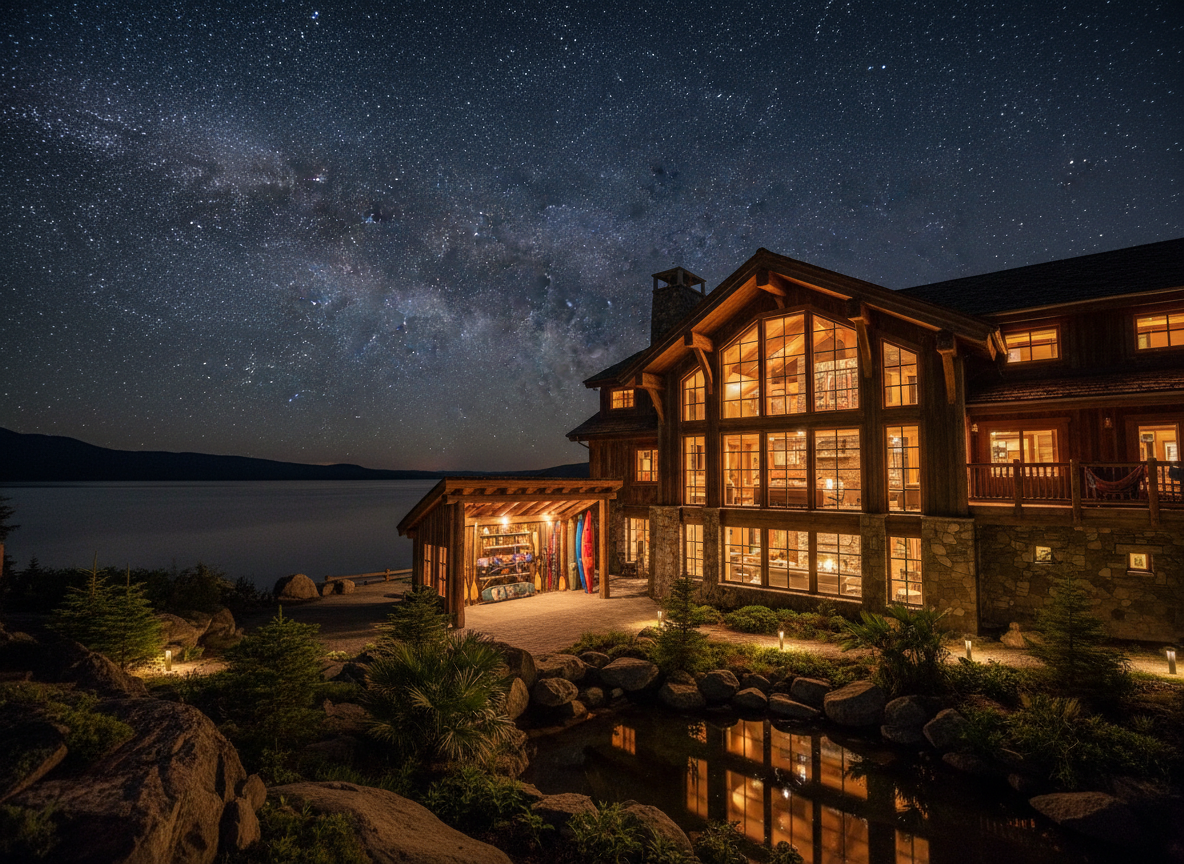 A dramatic nighttime exterior view of The Halaska Lodge and Resort, its multi-level timber architecture glowing softly against a backdrop of star-filled alpine sky and a shimmering bay below. Warm light spills from expansive windows, revealing hints of stone fireplaces and woven textures inside. Outside, an arrangement of skis, snowboards, paddles, and kayaks is leaned artfully against a gear shed, forming a symbolic "lodge team" portrait without any people. Low path lighting illuminates native plants, from mossy rocks and Douglas fir saplings to tropical-inspired shrubs near a small reflecting pool. Photographic realism, slightly elevated wide shot, with crisp contrast between cool night blues and the lodge’s inviting amber glow.
