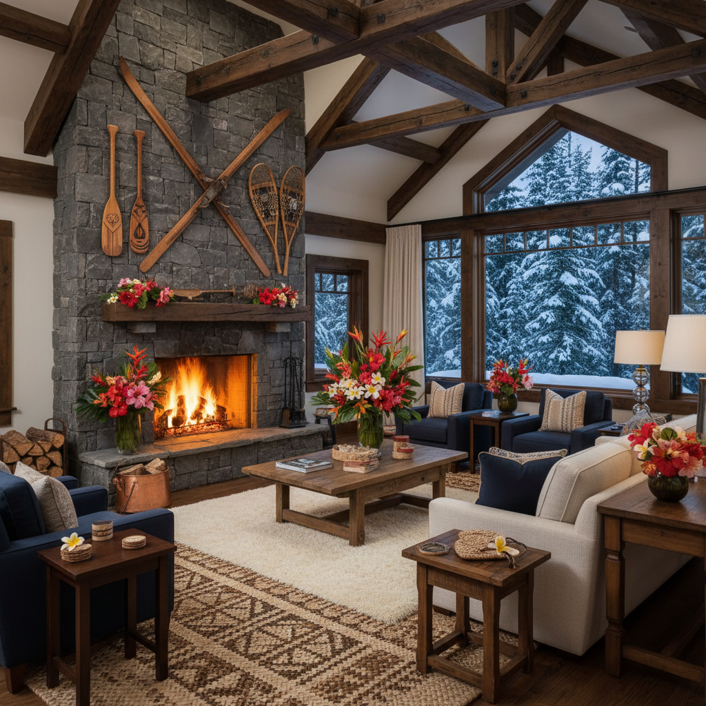 A luxurious great room interior of a wilderness lodge, featuring double-height windows framing a dramatic panorama of snow-capped mountains, misty evergreen forest, and a distant turquoise bay. The space combines warm Pacific Northwest reclaimed wood, Alaskan slate floors, and Hawaiian-inspired woven textures in rugs and cushions. A massive stone fireplace with a discreet paddle and ski emblem carved into the mantle anchors the room. Soft, warm pendant lighting and late-afternoon natural light create gentle highlights on leather armchairs and a polished live-edge table. Photographic realism, shot from a slightly elevated corner, showcasing the open layout, inviting seating clusters, and refined yet adventurous mood.