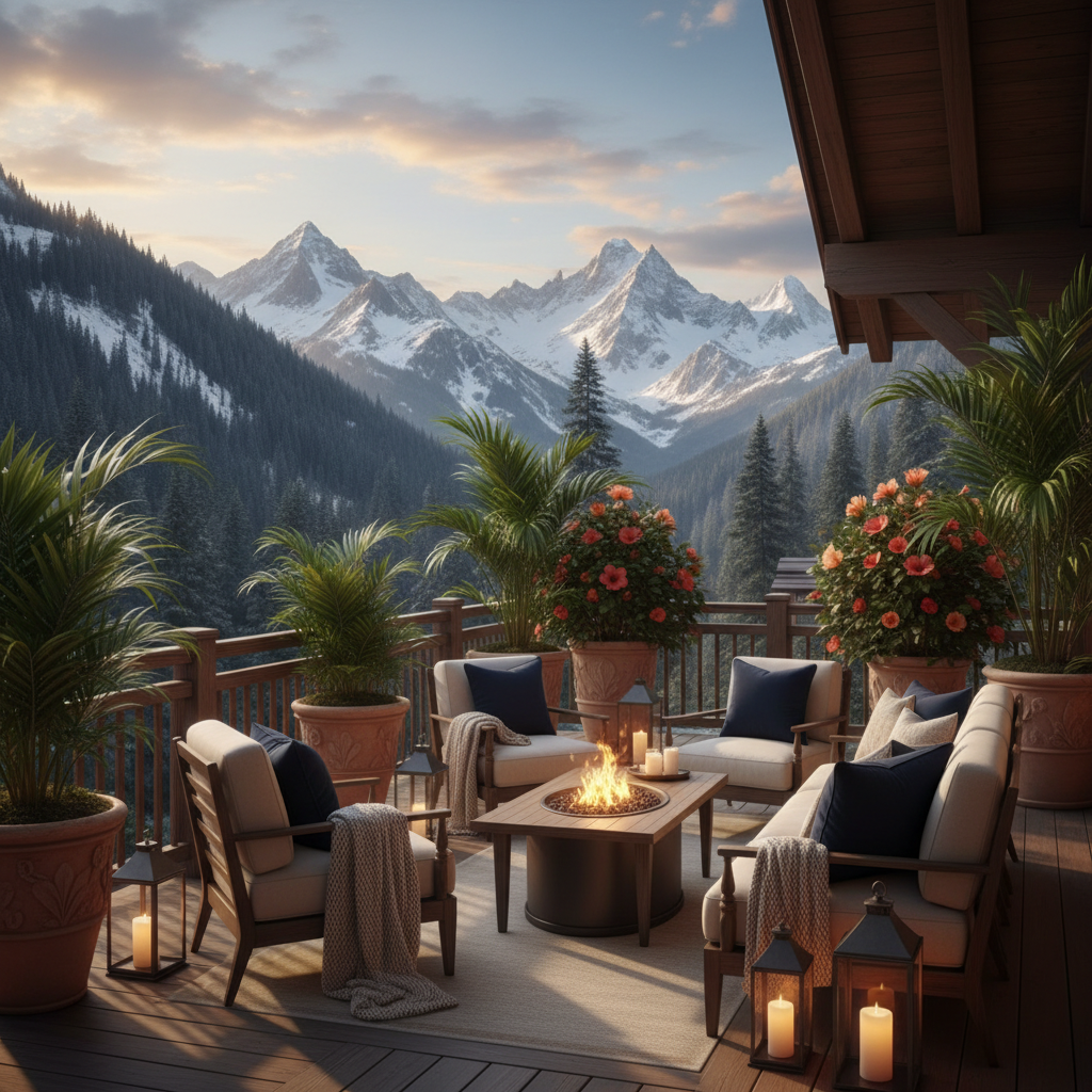 An intimate private suite balcony at The Halaska Lodge and Resort, overlooking a layered landscape of rugged Alaskan peaks, dense Pacific Northwest evergreens, and a distant crescent of tropical shoreline. In the foreground, a sleek teak lounge chair with a thick cream cushion faces a low basalt table holding a steaming ceramic mug and a folded wool blanket. Discreet paddle and ski motifs are carved into the balcony railing. Soft sunrise light saturates the sky in pale peach and blue, casting long, delicate shadows across the deck. Photographic realism, composed at eye level with shallow depth of field, evoking calm, sophisticated seclusion and anticipation of the day’s adventures.
