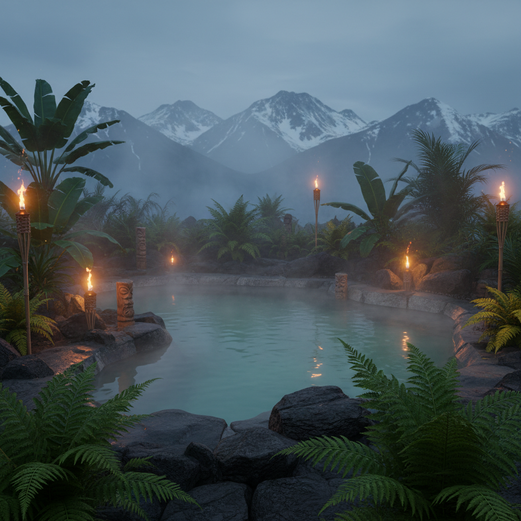 A geothermal outdoor soaking terrace at a luxury wilderness resort, with tiered infinity-edge pools lined in dark stone, steam curling into crisp mountain air. Surrounding the pools are sculpted lava rock planters with native ferns, low alpine shrubs, and a few wind-shaped palms, subtly merging Hawaiian and Alaskan ecosystems. Snow-dusted peaks rise in the distance above a deep evergreen valley and a glimmering inlet. Lantern-style ground lights cast a warm glow at blue hour, reflecting softly on the water’s surface. Photographic realism, shot from a low angle near the pool edge, emphasizing the serene, spa-like mood, minimalist loungers, and refined, nature-immersed design aesthetic.