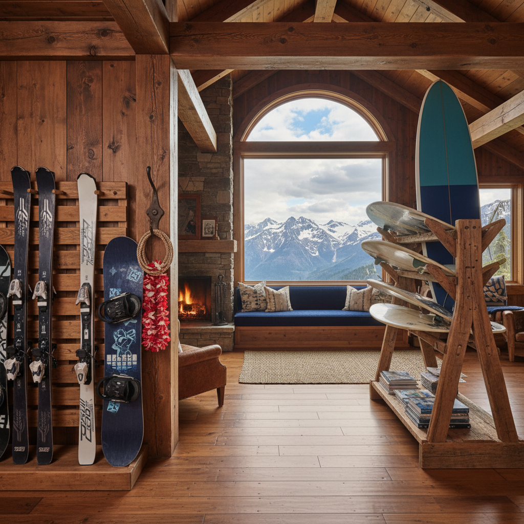 A stylish adventure-gear staging area inside the lodge, where polished wooden cubbies and racks display high-end skis, splitboards, and sleek sea kayaks with matching paddles, arranged with gallery-like precision. Subtle Hawaiian floral patterns are embossed on neoprene gear, while Northwest plaid textiles line benches. A prominent wall panel features an abstract emblem combining a paddle and ski, symbolizing the lodge "team" through equipment rather than people. Large windows reveal mist drifting through tall firs and a faint outline of glacier-topped ridges. Soft overcast daylight, complemented by warm track lighting, creates a sophisticated, ready-for-adventure atmosphere. Photographic realism, captured at eye level with moderate depth of field to highlight both gear detail and surrounding space.